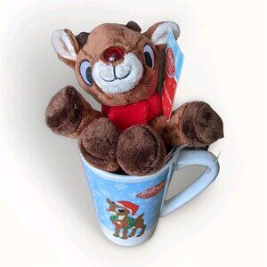 NWT 2pc SET Christmas Holiday Mug, Rudolph the Red Nose Reindeer Plush Mug Gift